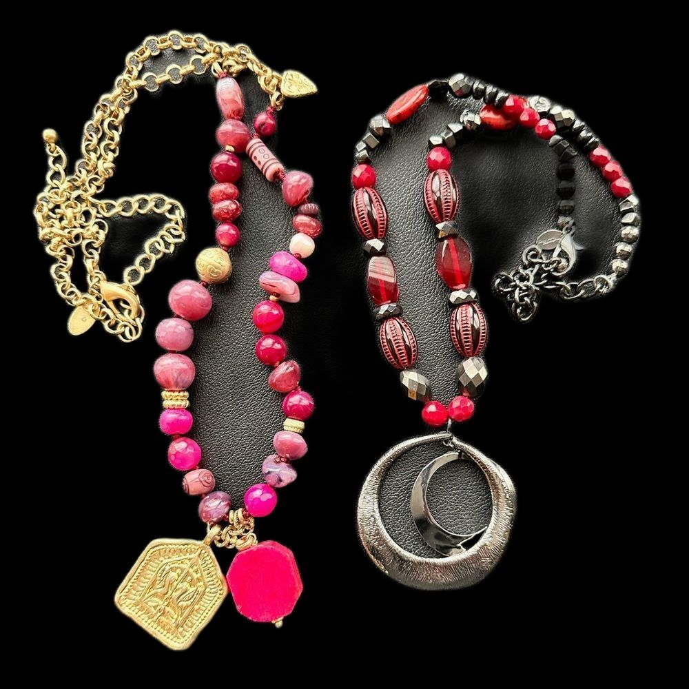 Two Red Pink Bead Chico's Statement Necklace Beaded lot EUC
